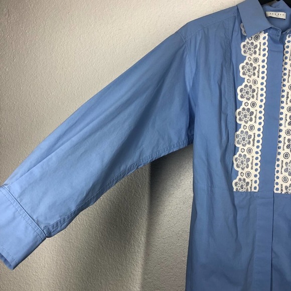 Sandro Paris Blue Cox Poplin Lace Shirt Dress Long Sleeve Button Down 38 M - Picture 14 of 16